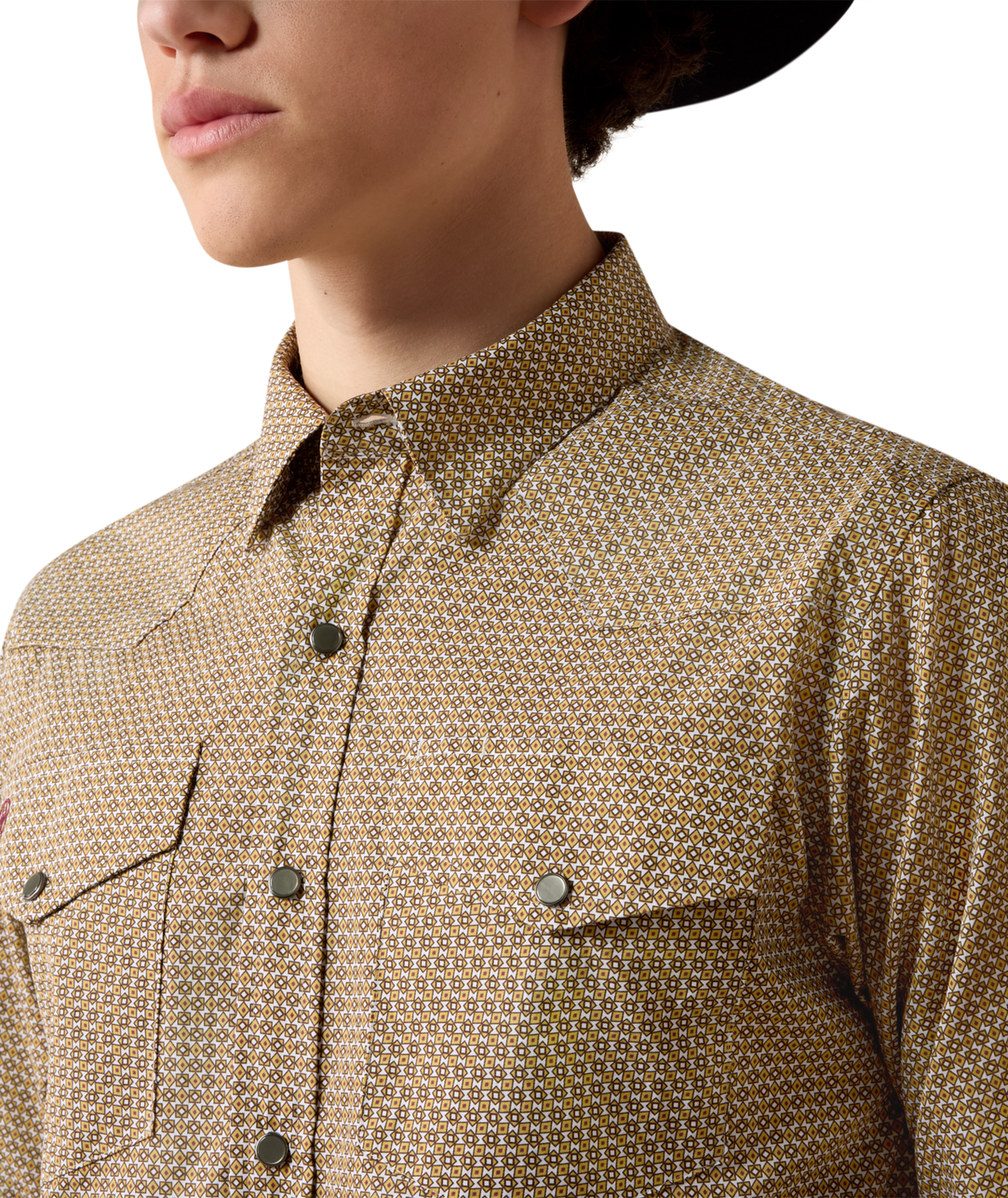 Ariat Mens Wrinkle Free Rip Classic Fit Snap Shirt Antique Gold Geo Print pearl snap front with twin flap chest pockets and a hidden pen slot cowboy style