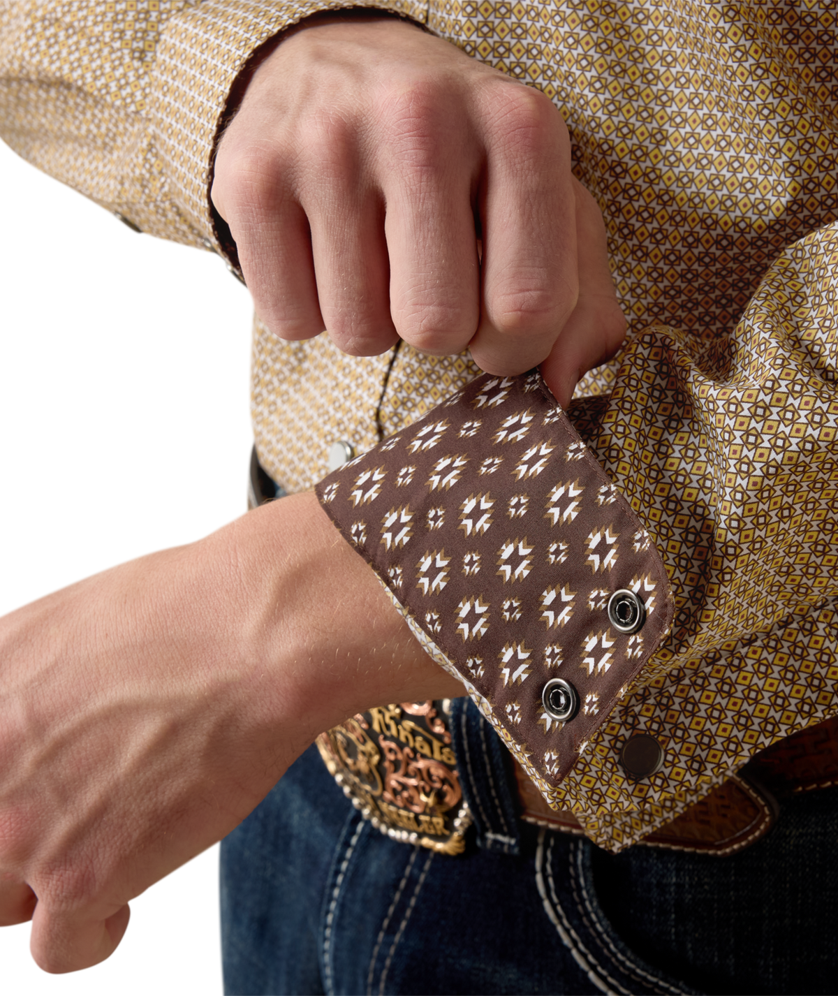 Ariat Mens Wrinkle Free Rip Classic Fit Snap Shirt Antique Gold Geo Print contrast brown geo print lining inside the double snap cuff western fashion