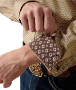 Ariat Mens Wrinkle Free Rip Classic Fit Snap Shirt Antique Gold Geo Print contrast brown geo print lining inside the double snap cuff western fashion