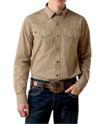 Ariat Mens Wrinkle Free Rip Classic Fit Snap Shirt Antique Gold Geo Print antique gold geometric print western snap shirt in wrinkle free cotton mens western clothing Utah SKU 10080698