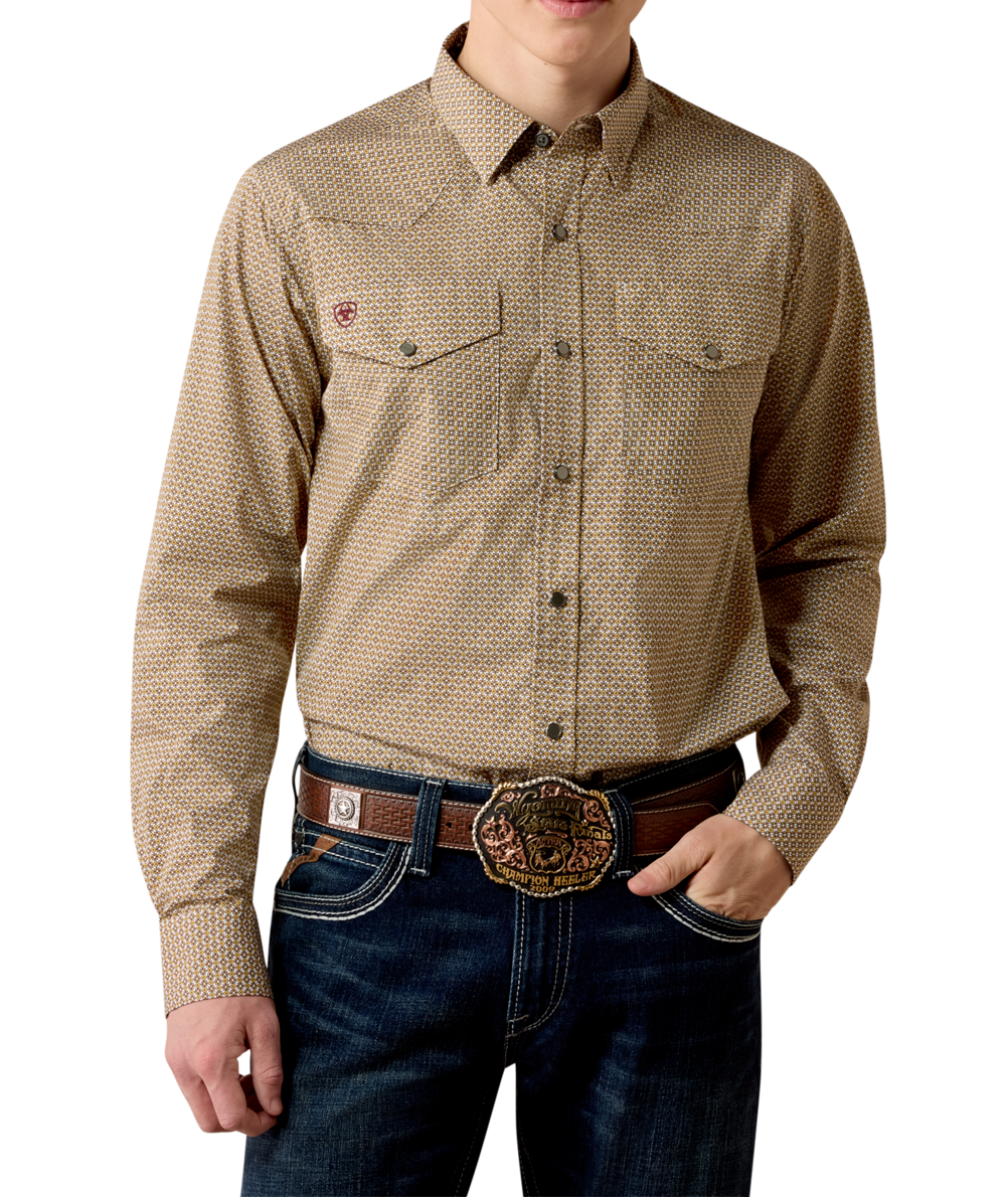 Ariat Mens Wrinkle Free Rip Classic Fit Snap Shirt Antique Gold Geo Print antique gold geometric print western snap shirt in wrinkle free cotton mens western clothing Utah SKU 10080698