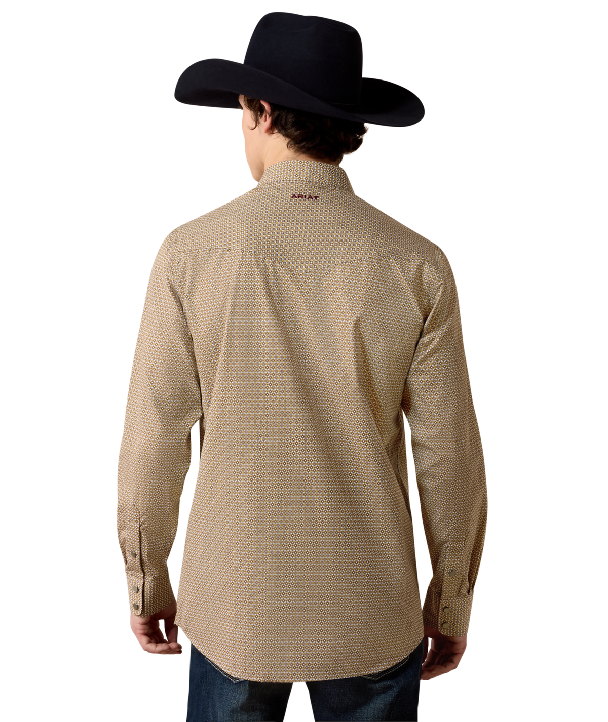 Ariat Mens Wrinkle Free Rip Classic Fit Snap Shirt Antique Gold Geo Print classic fit with a generous body and extra sleeve length for arena work and ranch wear