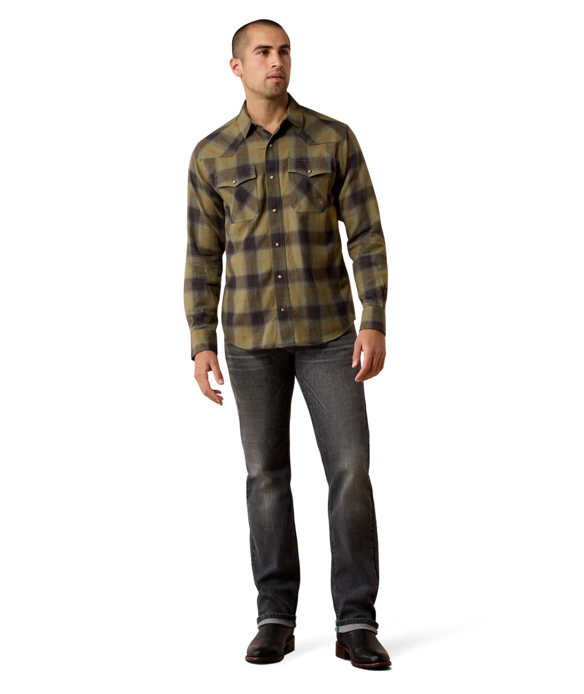 Ariat Mens Retro Hahn Fitted Snap Shirt Four Leaf Clover Plaid everyday long sleeve plaid shirt paired with jeans and boots for rodeo weekends in Kamas
