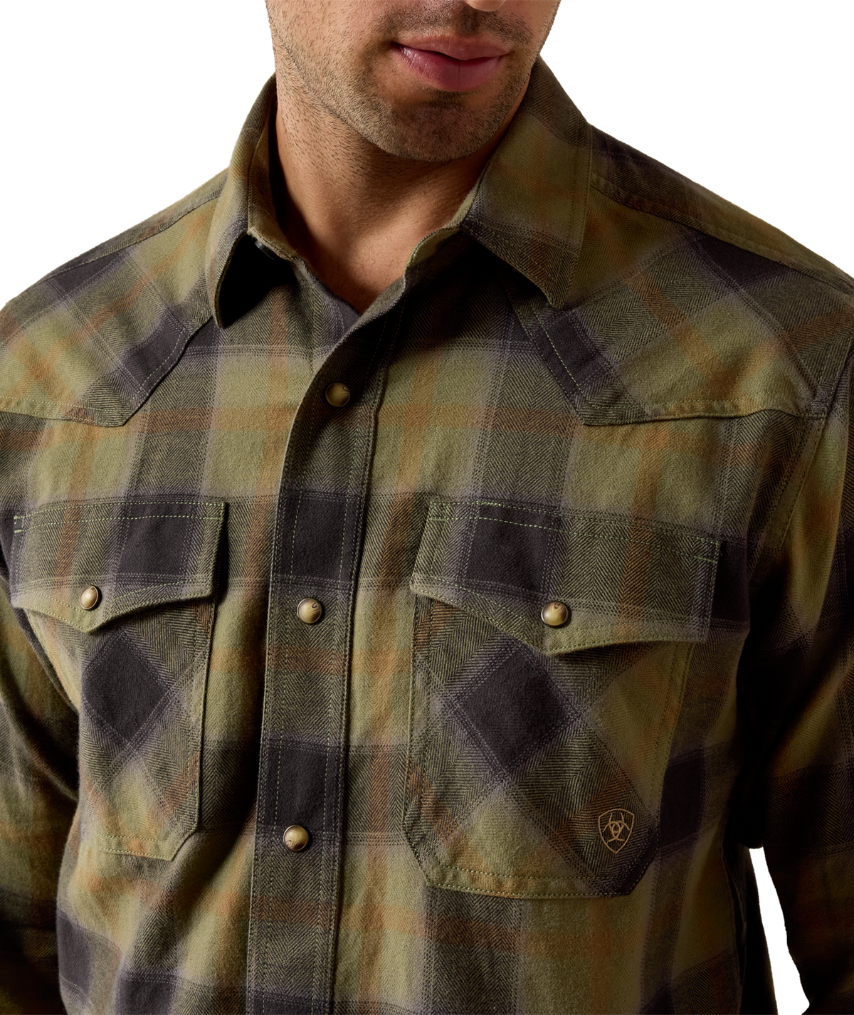 Ariat Mens Retro Hahn Fitted Snap Shirt Four Leaf Clover Plaid bull horn snap front closure with twin flap chest pockets and pointed western yokes cowboy style