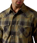 Ariat Mens Retro Hahn Fitted Snap Shirt Four Leaf Clover Plaid bull horn snap front closure with twin flap chest pockets and pointed western yokes cowboy style
