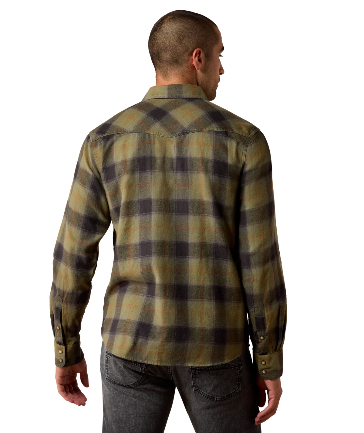 Ariat Mens Retro Hahn Fitted Snap Shirt Four Leaf Clover Plaid fitted silhouette through the body with a long tuckable hem and western back yoke ranch wear