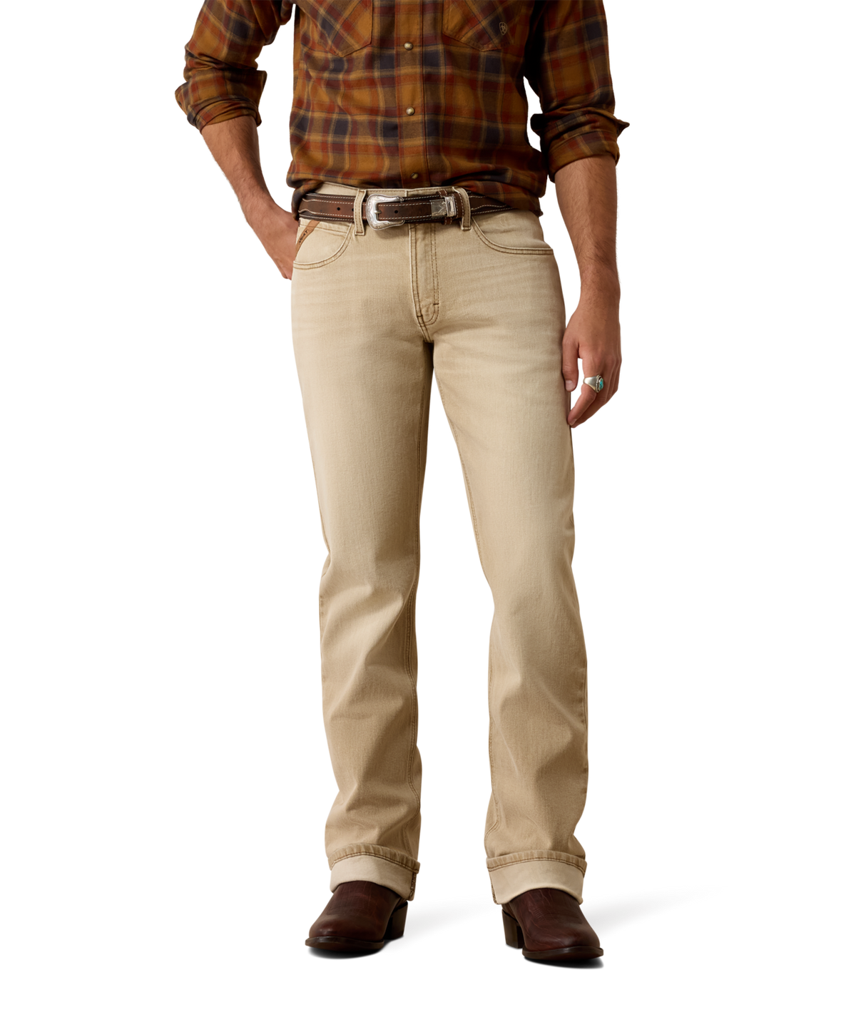 Ariat Mens M4 Relaxed Grizzly Boot Cut Jeans cedar brown TEKStretch ring spun denim mens western jean Utah SKU 10079096