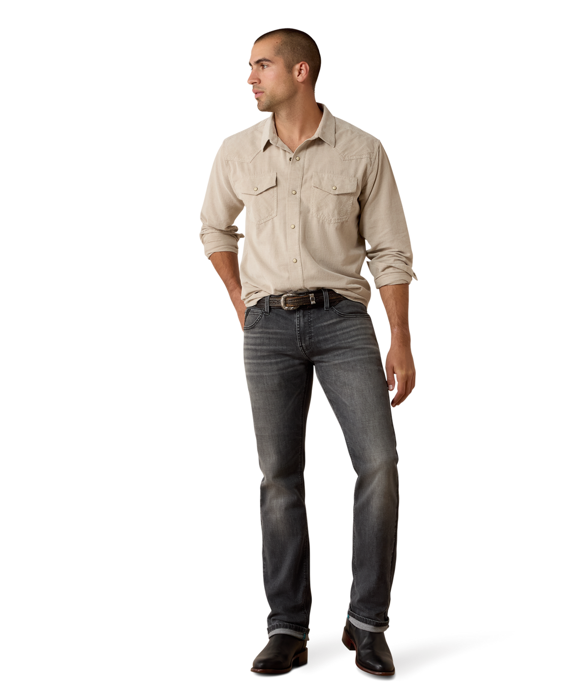 Ariat Mens Retro Handorf Corduroy Fitted Snap Shirt Sand neutral corduroy layer for fall with dark denim and boots western fashion Kamas