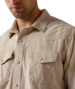 Ariat Mens Retro Handorf Corduroy Fitted Snap Shirt Sand tonal bull horn snaps with flap chest pockets and stitched western yokes cowboy style