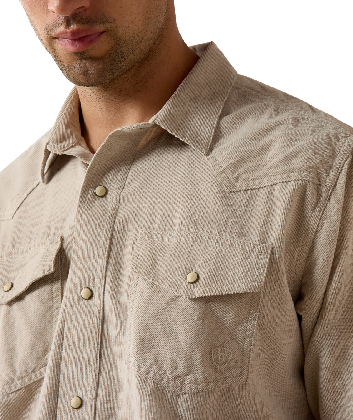 Ariat Mens Retro Handorf Corduroy Fitted Snap Shirt Sand tonal bull horn snaps with flap chest pockets and stitched western yokes cowboy style