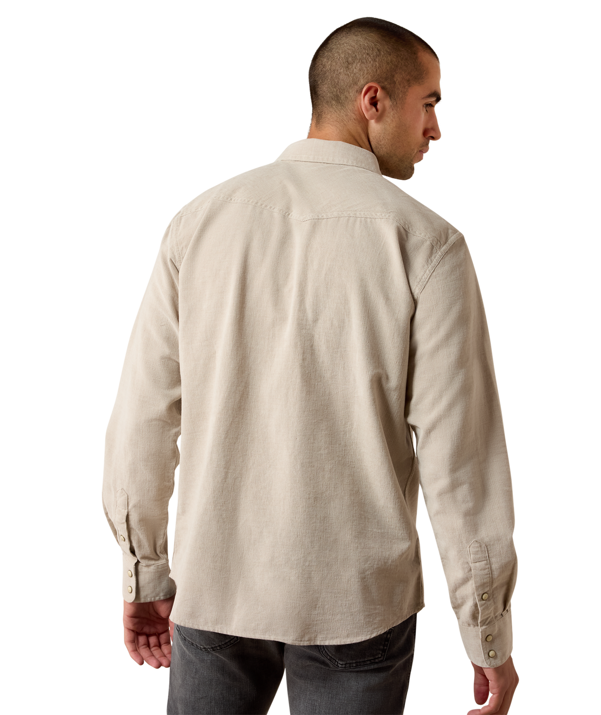 Ariat Mens Retro Handorf Corduroy Fitted Snap Shirt Sand fitted cut through the body with a clean western back yoke and tuckable length ranch wear