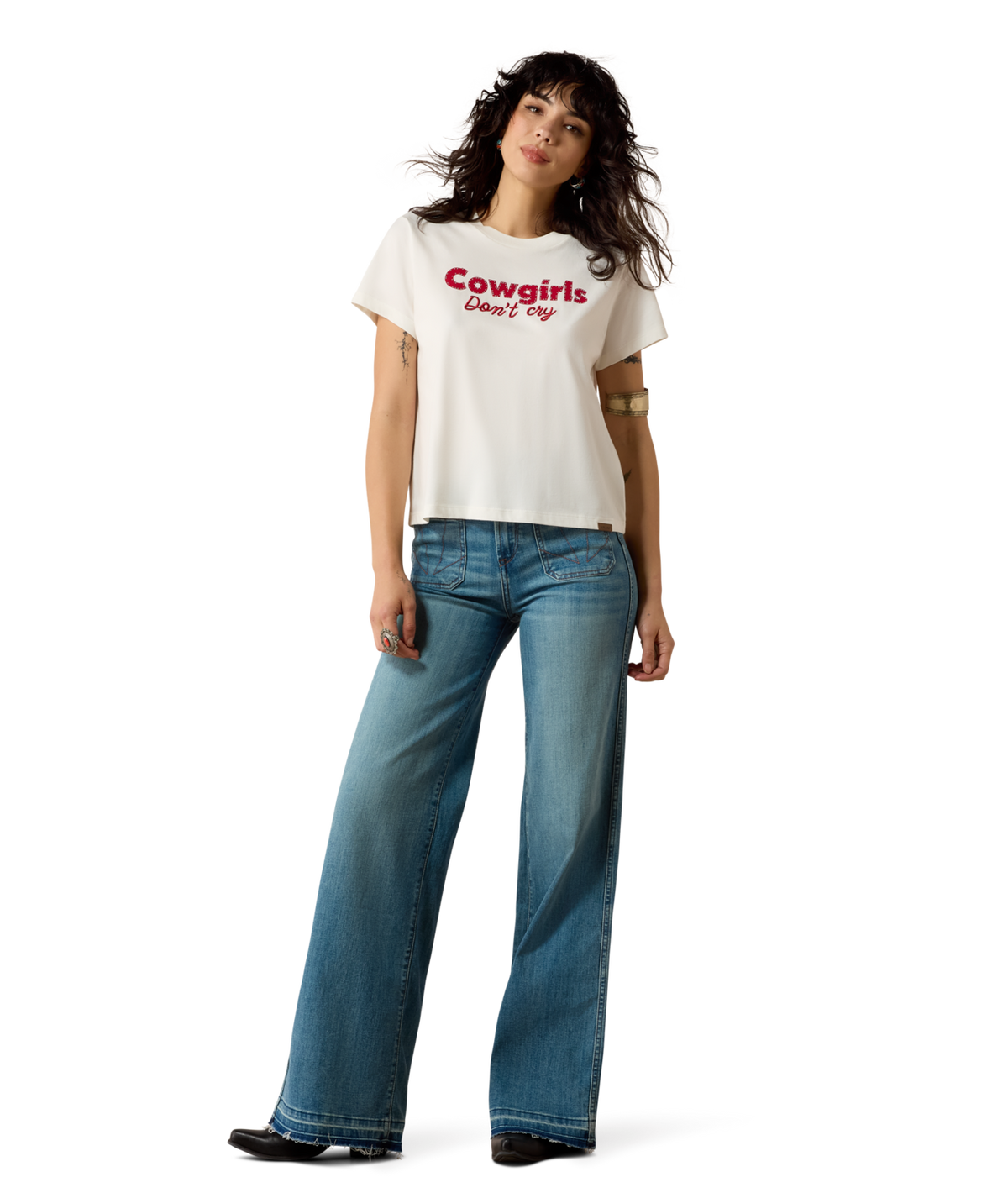 Ariat Womens Ultra High Rise Mavis Wide Leg Jeans dressed up with boots or heels for rodeo nights and dinners Park City