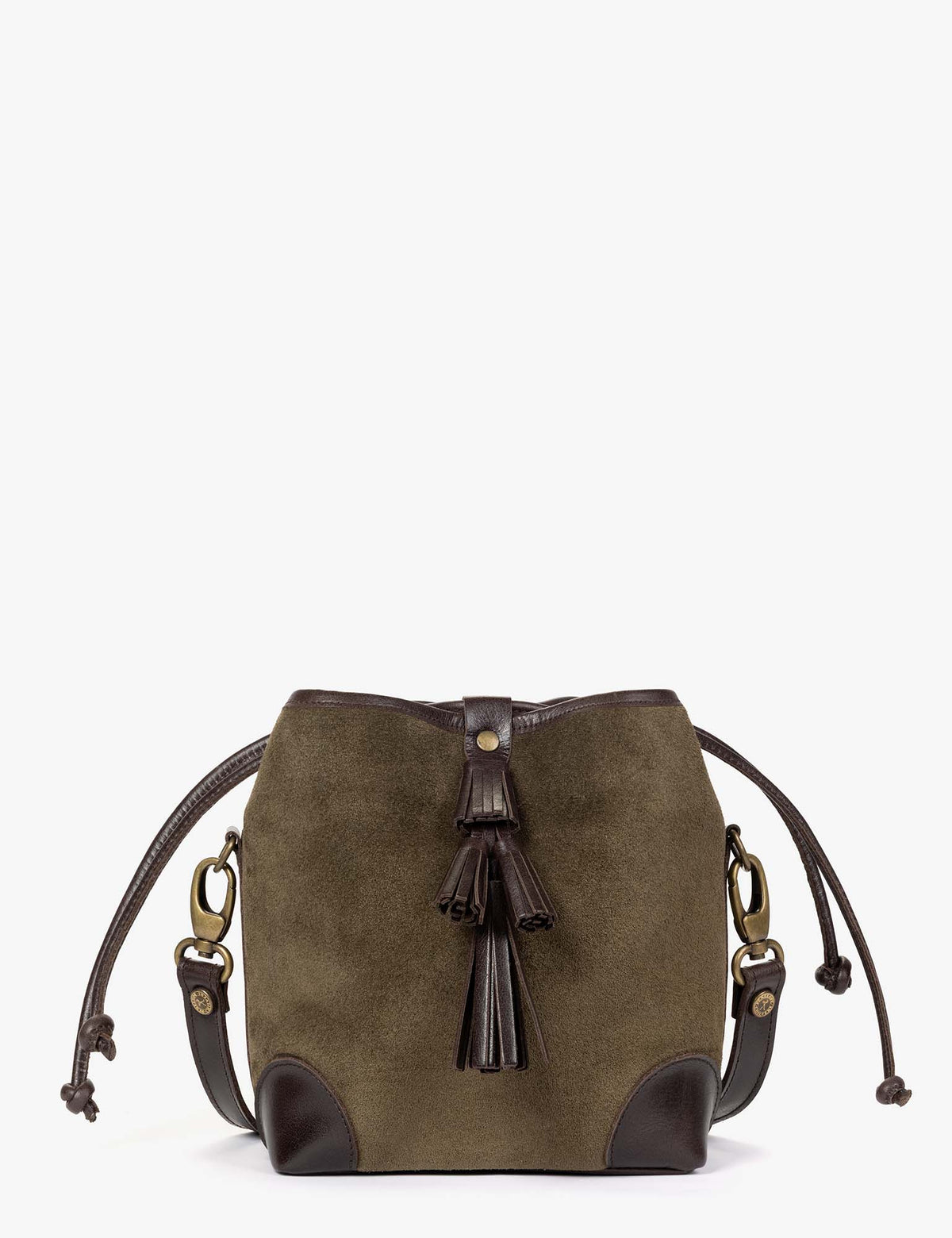 Penelope Chilvers Suede Fortune Teller Bag khaki suede crossbody bag with bitter chocolate leather trim and drawstring top womens western boutique Utah SKU 0J091J200003W14951