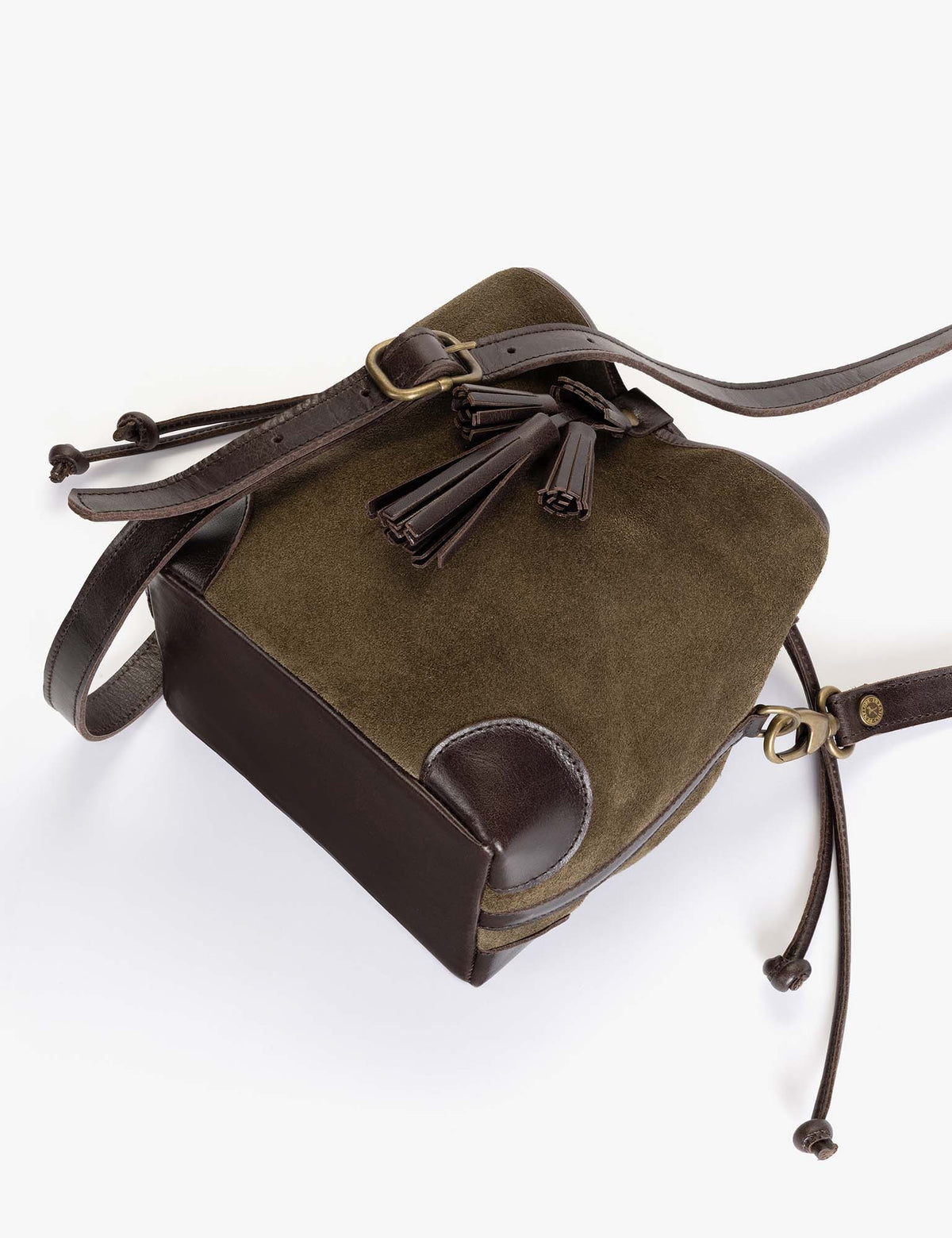 Penelope Chilvers Suede Fortune Teller Bag adjustable shoulder strap with tiered leather tassel and folded panel construction western fashion