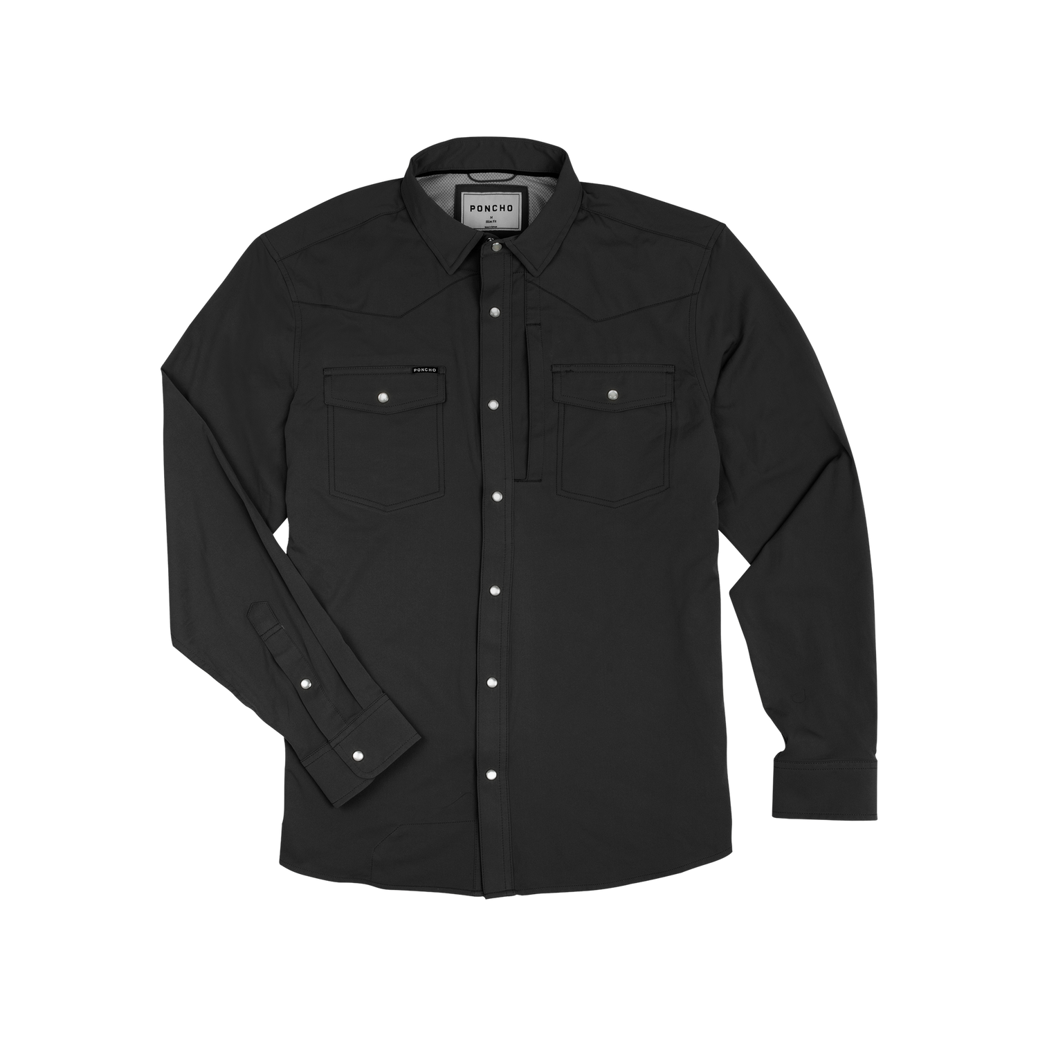 black button up nylon collared shirt by poncho outdoor pearl snap buttons western wear double pockets The Piedras Negras shirt at boltranchstore.com