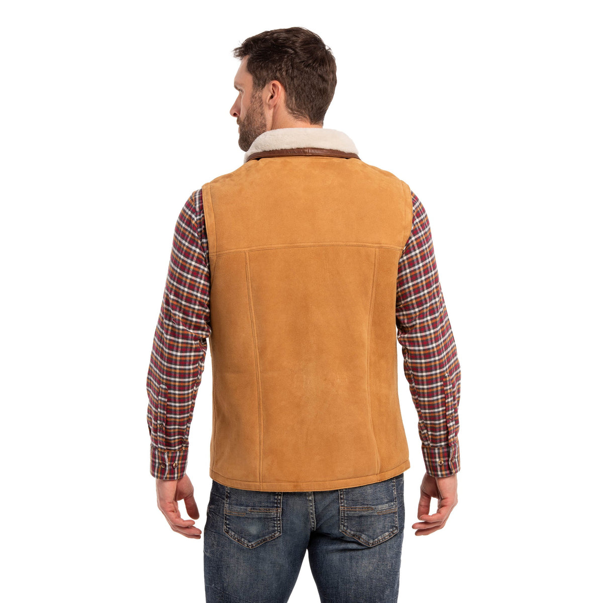 Madison Creek Outfitters Pitkin Sheepskin Vest Tan natural sheepskin texture across a smooth back panel cowboy style Kamas