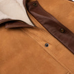 Madison Creek Outfitters Pitkin Sheepskin Vest Tan contrast leather trim at the placket and angled hand pockets with concealed magnetic closures