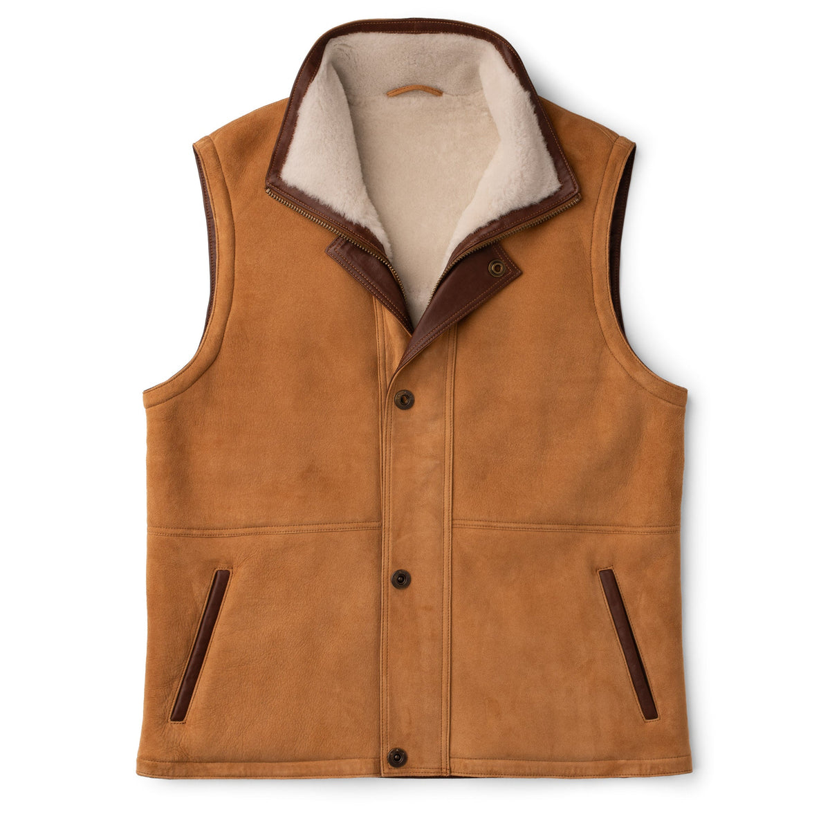 Madison Creek Outfitters Pitkin Sheepskin Vest Tan two way zip front paired with a snap placket western fashion