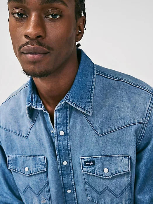 Wrangler Mens Vintage Inspired LS Denim Shirt - Medium Blue