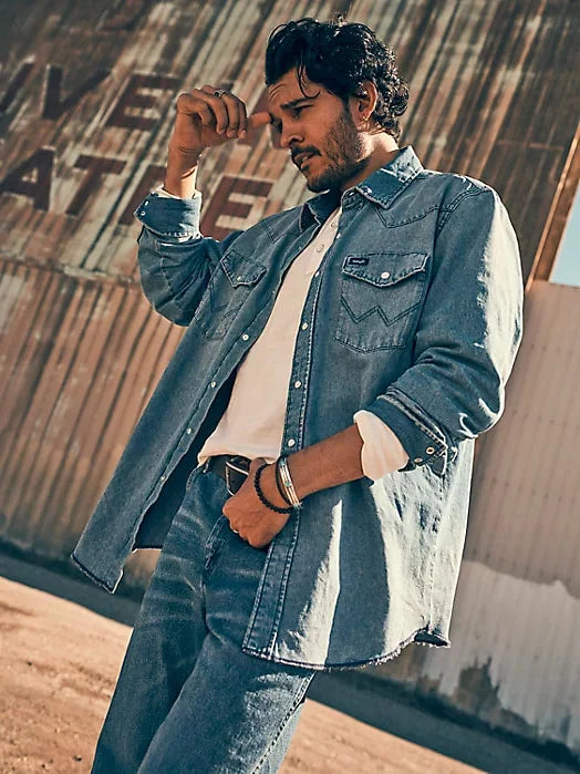 Wrangler Mens Vintage Inspired LS Denim Shirt - Medium Blue