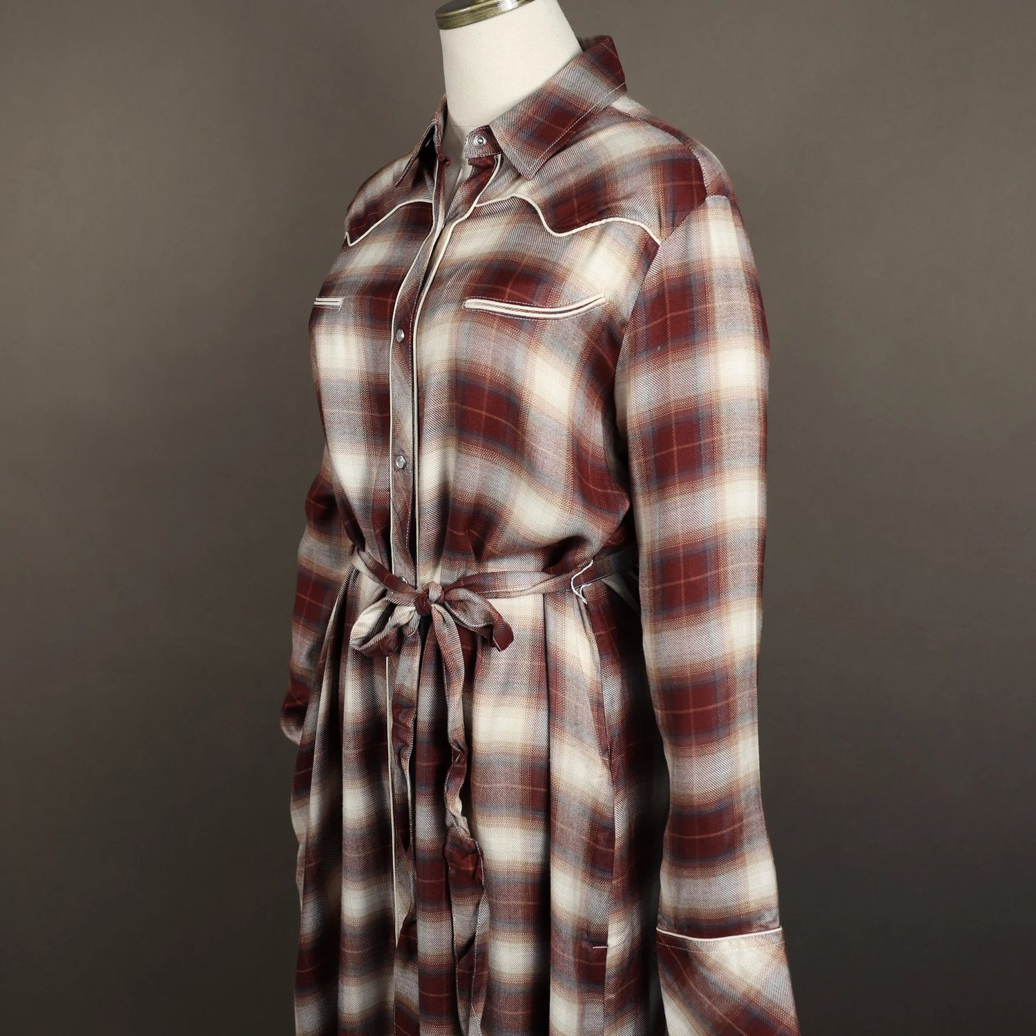 Stetson Womens Plaid Twill LS Western Shirt Dress - Black Cherry Ombre