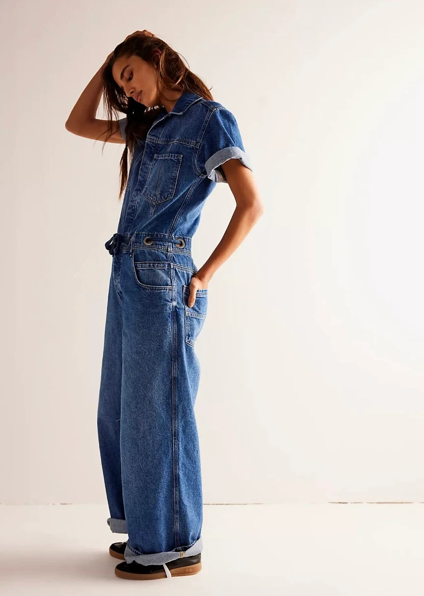 Free People Edison Wideleg Coverall - Cape Blue