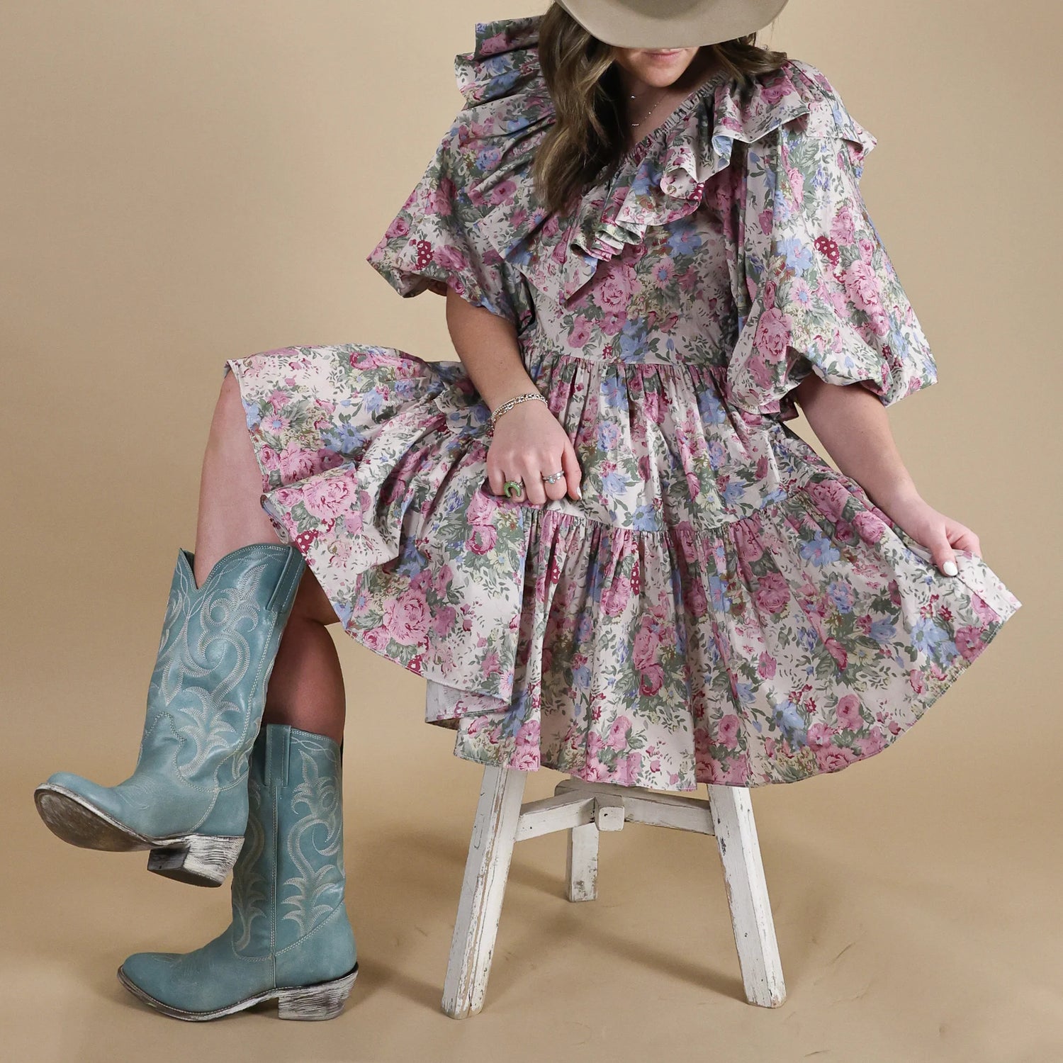 Bobbie Ruffled V Neck Mini Dress - Floral Print