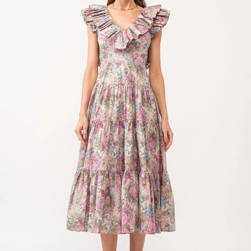 Bobbie Flutter Sleeve Neck Midi Dress - Floral Print