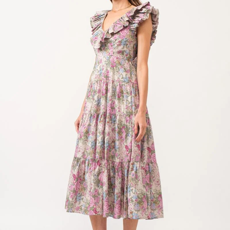 Bobbie Flutter Sleeve Neck Midi Dress - Floral Print