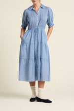 Trovata Elodie Dress Seabrook Gingham cinched tie waist leading into a tiered gathered skirt western fashion womens blue gingham midi dress by trovata California clothing