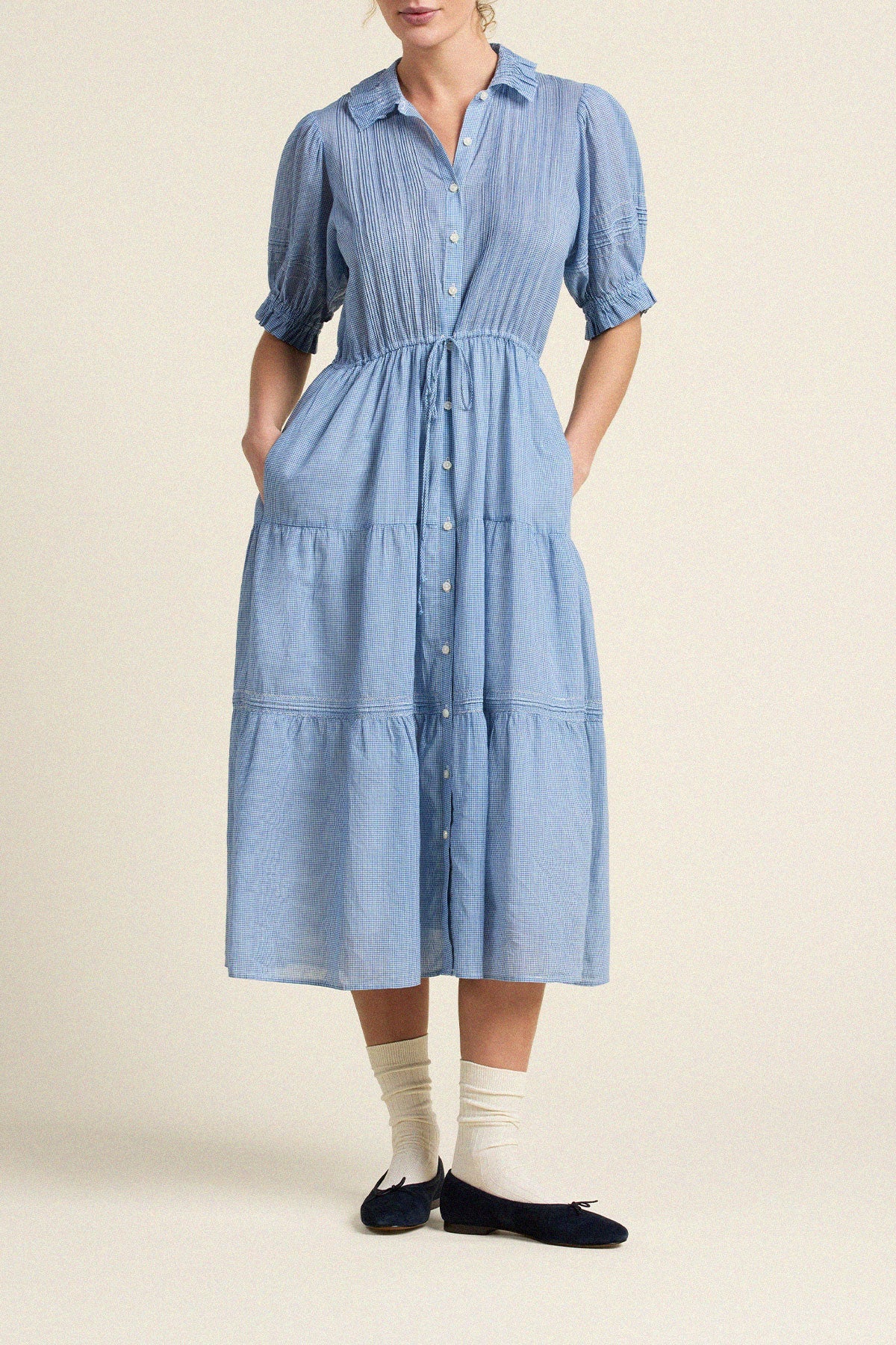 Trovata Elodie Dress Seabrook Gingham cinched tie waist leading into a tiered gathered skirt western fashion womens blue gingham midi dress by trovata California clothing