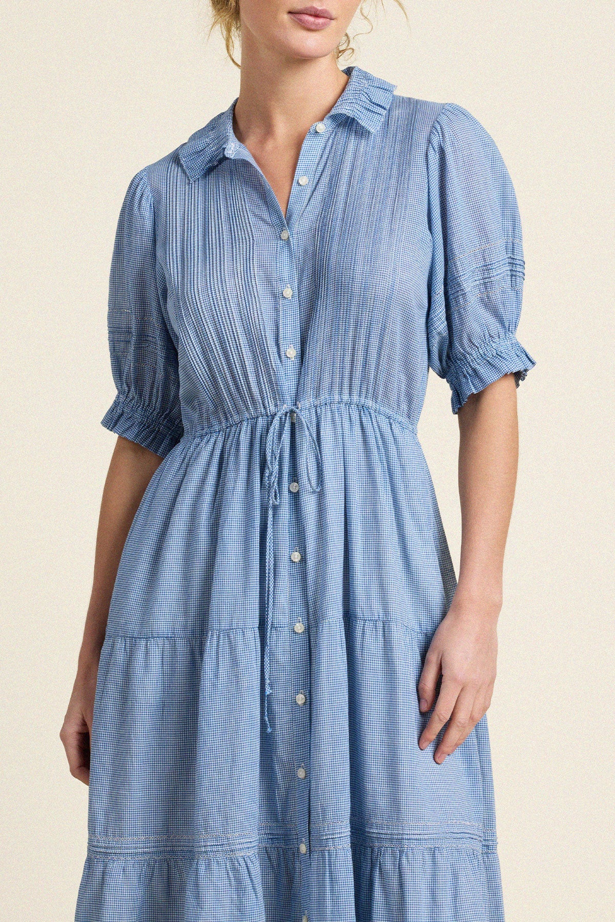 Trovata Elodie Dress Seabrook Gingham elbow length puff sleeves finished with ruffled cuffs ranch wear