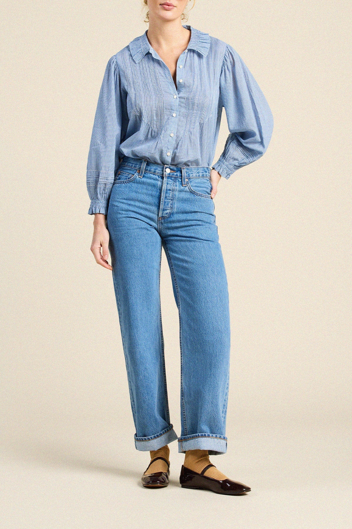 Trovata Francesca Blouse Seabrook Gingham polished gingham top styled for everyday wear and rodeo cowgirl Kamas