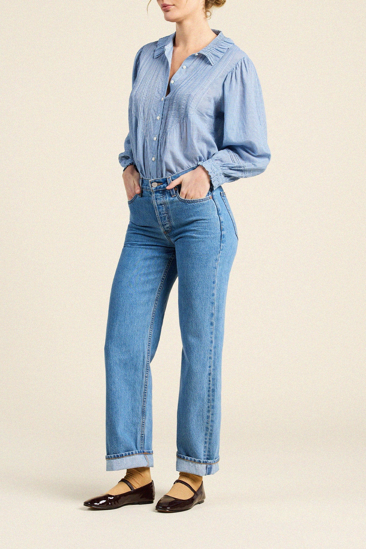 Trovata Francesca Blouse Seabrook Gingham long sleeves finished with gently ruffled cuffs western fashion