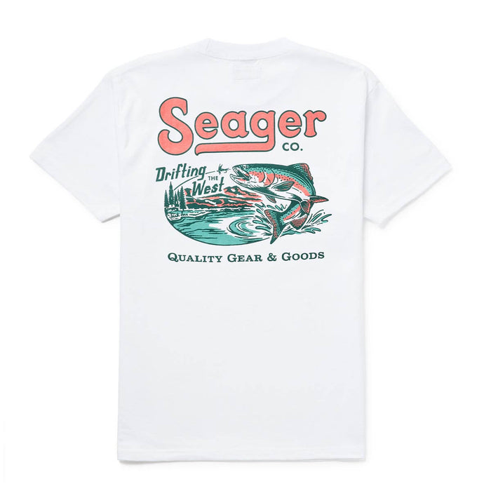Seager Drifting The West Tee White at boltranchstore.com with free shipping White t-shirt with Seager logo and fish graphic mens tee shirt summer shirt mens fishing shirt fathers day gift 