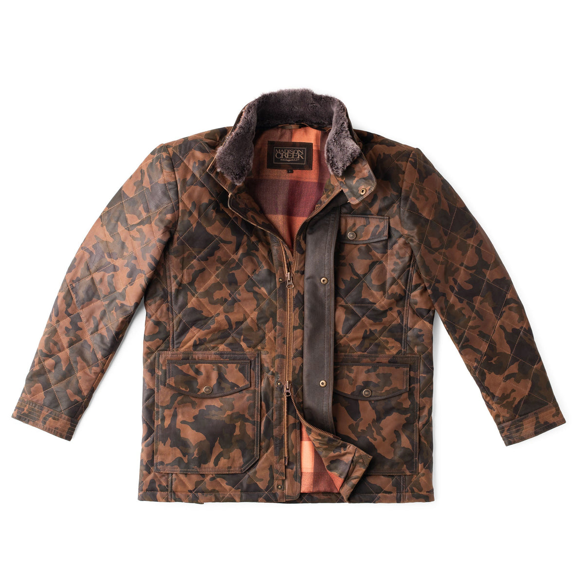Madison Creek Outfitters Sedona Waxed Goat Suede Leather Camo Jacket two way zipper tucked beneath the storm flap Kamas
