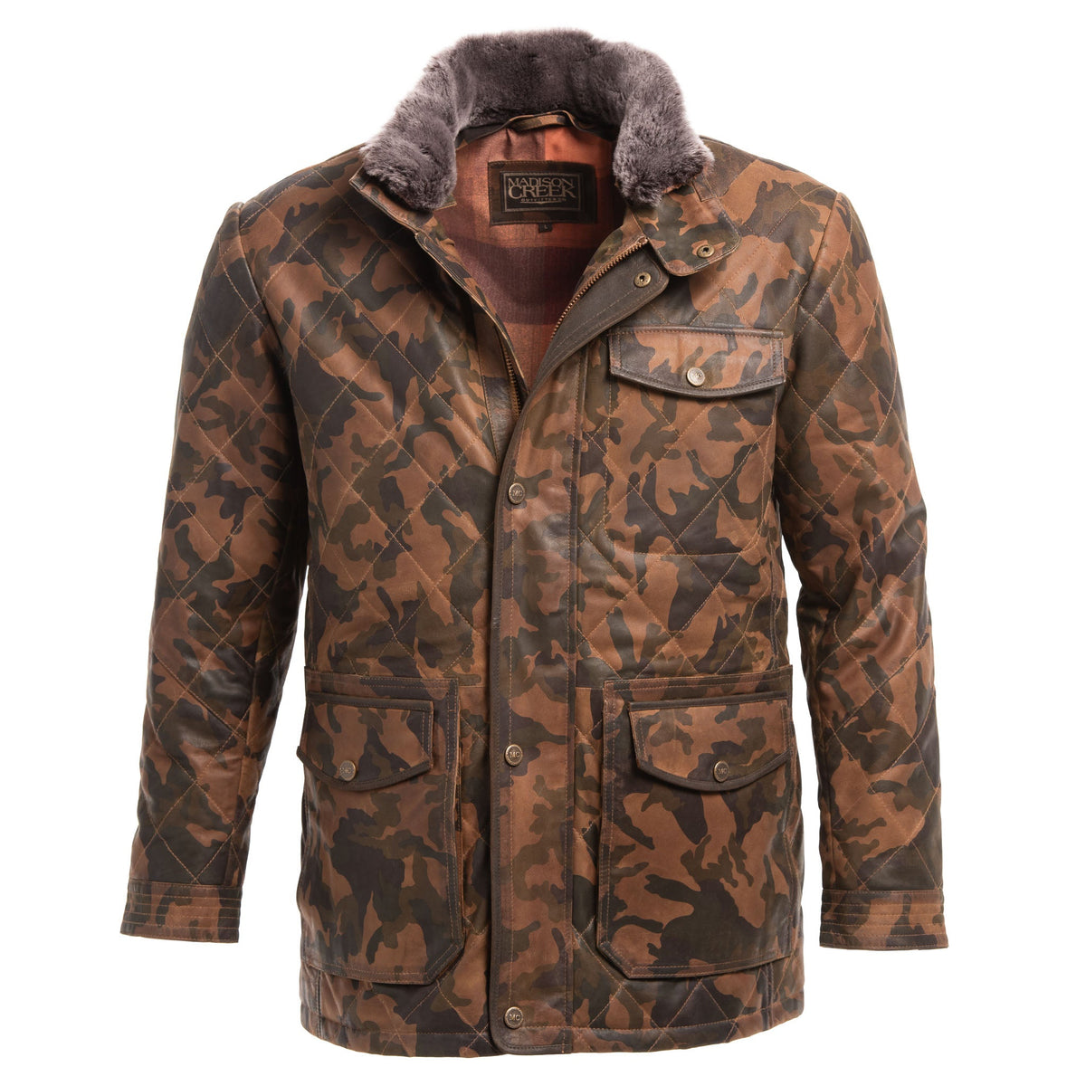 Madison Creek Outfitters Sedona Waxed Goat Suede Leather Camo Jacket quilted silhouette balancing warmth and weight with adjustable cuffs