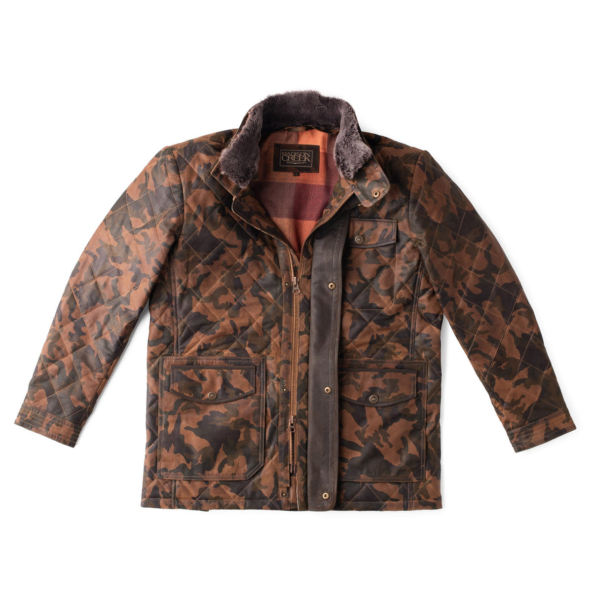 Madison Creek Outfitters Sedona Waxed Goat Suede Leather Camo Jacket storm flap fastened with signature MC branded pewter snaps western fashion