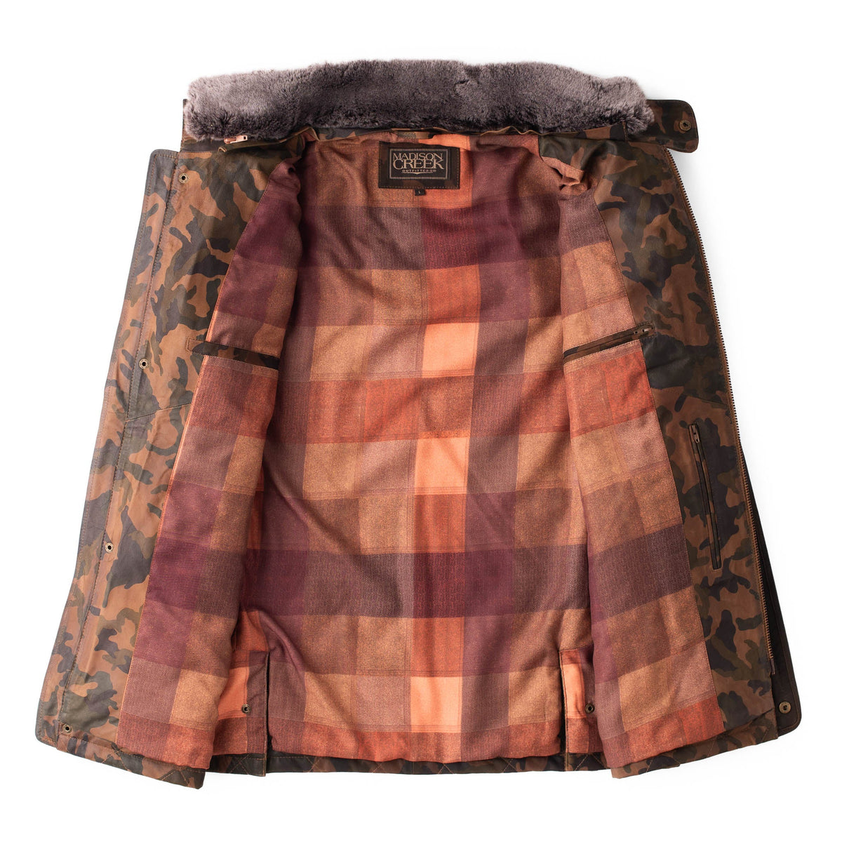 Madison Creek Outfitters Sedona Waxed Goat Suede Leather Camo Jacket hombre plaid acetate lining inside the suede shell