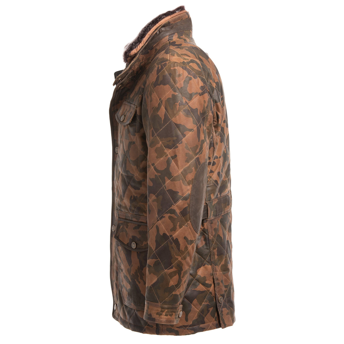 Madison Creek Outfitters Sedona Waxed Goat Suede Leather Camo Jacket side vents and contrast elbow patches cowboy style