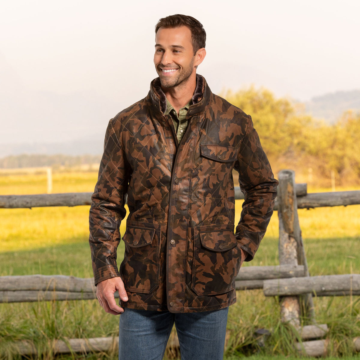 Madison Creek Outfitters Sedona Waxed Goat Suede Leather Camo Jacket vintage camo waxed goat suede leather jacket western clothing Utah SKU 61040L