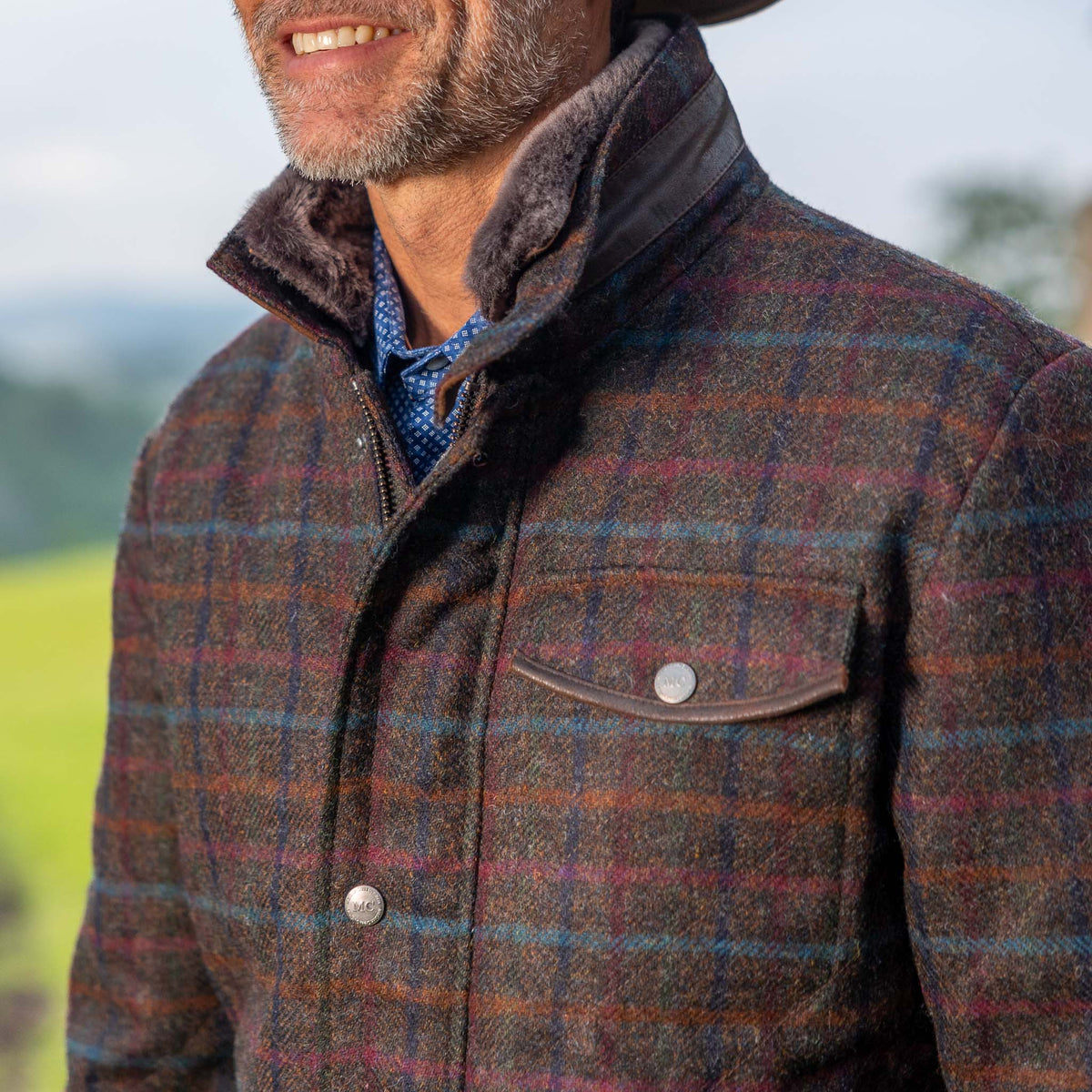 Madison Creek Outfitters Sedona British Wool Jacket rich natural plaid palette inspired by a pheasant in flight