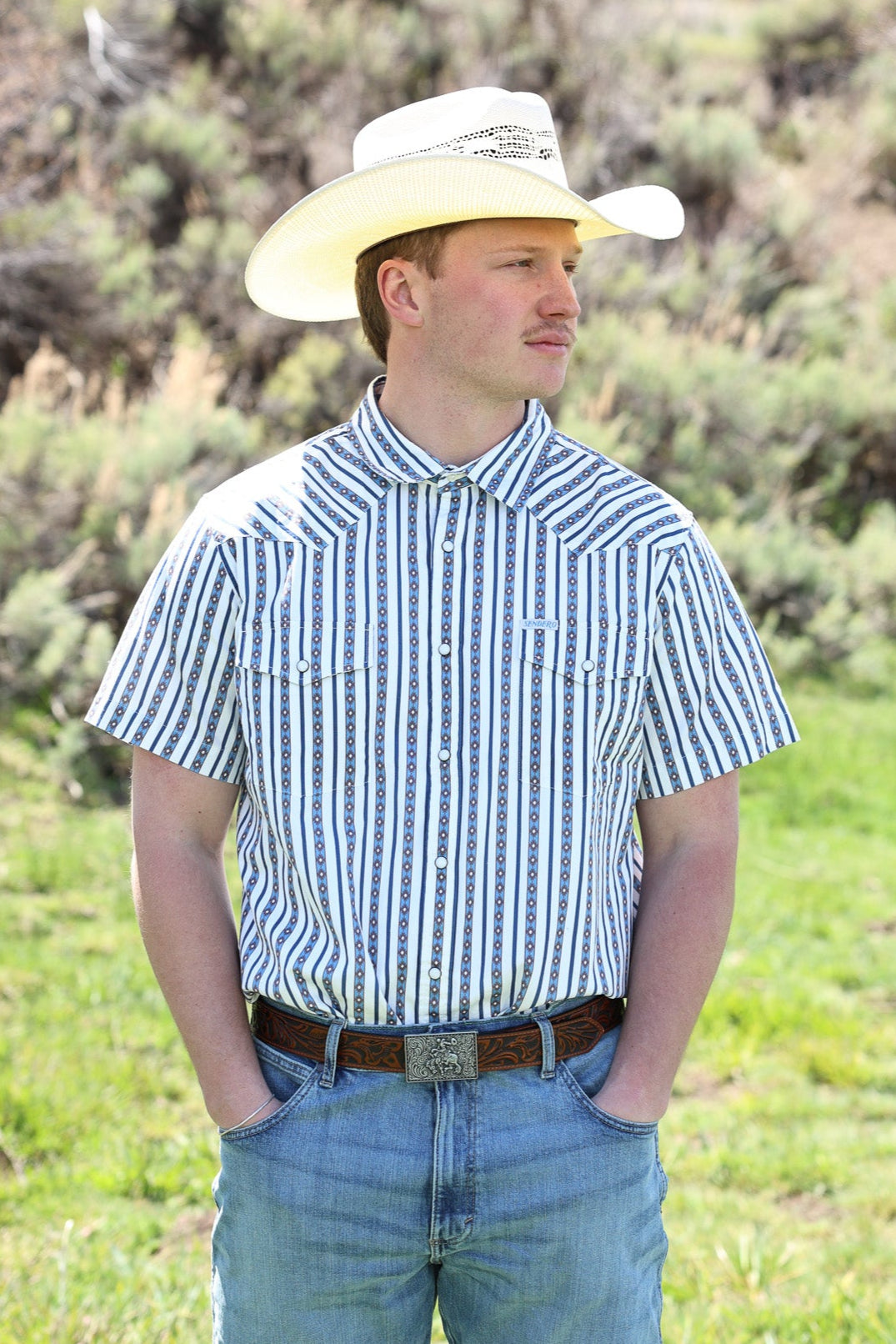 sendero serape pearl snap short sleeve Navy Boltranchstore.com mens short sleeve western shirt Sendero popular