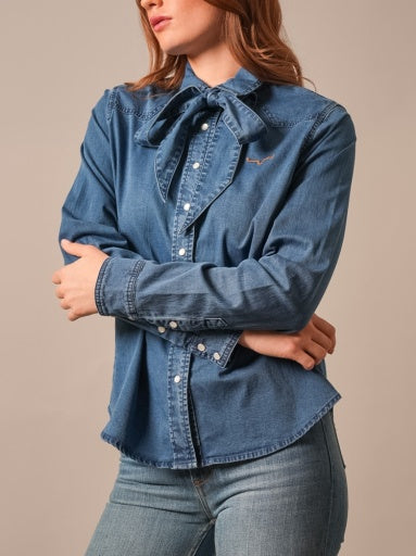 Kimes Ranch Womens Lolo Indigo denim western snap shirt with pearl snaps and pointed yokes womens western boutique Utah SKU WTO0000094BL018