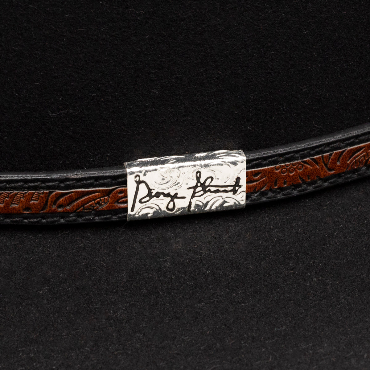 Resistol Foster tooled brown leather hatband with silver keeper on black felt