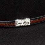 Resistol Foster tooled brown leather hatband with silver keeper on black felt