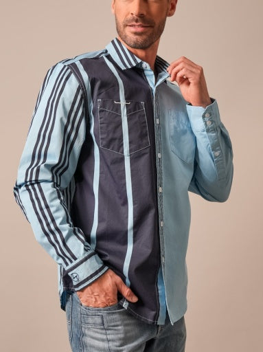 Kimes Ranch Mens ZT 1 Arm Bandit Light Blue vertical stripe western snap shirt in soft blue tones with long sleeves mens western clothing Utah SKU MDS0000045BL003