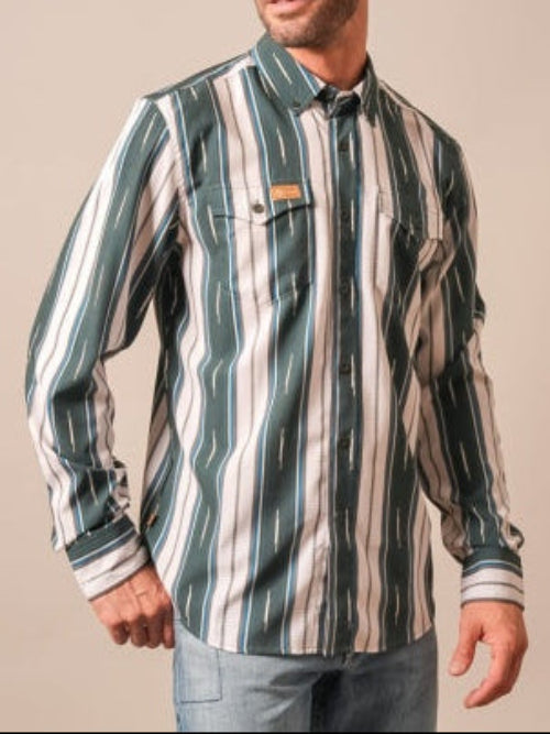 Kimes Ranch Mens ZT Hickory Forest deep green and cream vertical stripe long sleeve western shirt with chest pocket mens western clothing Utah SKU MDS0000053GN024