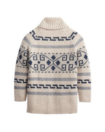 Pendleton Womens Long Westerley Cardigan Ivory Blue Multi navy and blue Westerley motif knit across back with raglan sleeves and ribbed hem cowgirl ranch wear