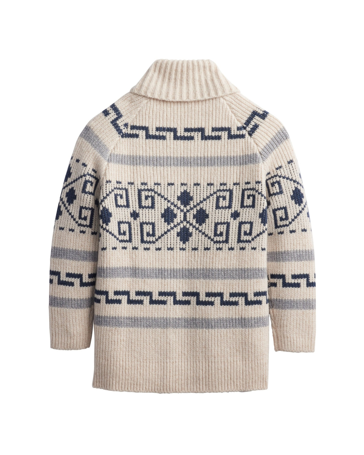 Pendleton Womens Long Westerley Cardigan Ivory Blue Multi navy and blue Westerley motif knit across back with raglan sleeves and ribbed hem cowgirl ranch wear